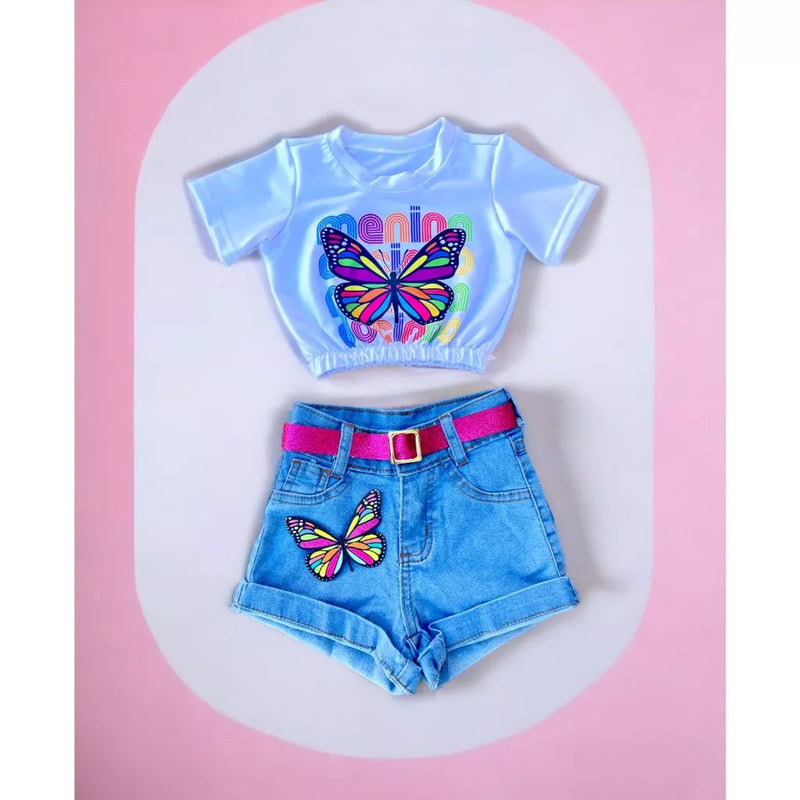 🌸🦋 Conjunto Infantil de Meninas - Shorts Jeans e Cropped Borboletas Luxo! ✨