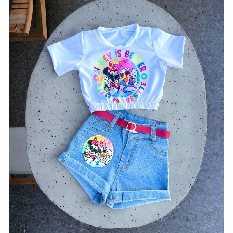 🌸🦋 Conjunto Infantil de Meninas - Shorts Jeans e Cropped Borboletas Luxo! ✨