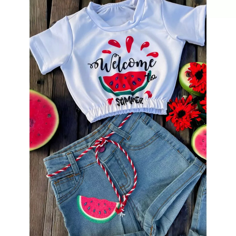 🌸🦋 Conjunto Infantil de Meninas - Shorts Jeans e Cropped Borboletas Luxo! ✨